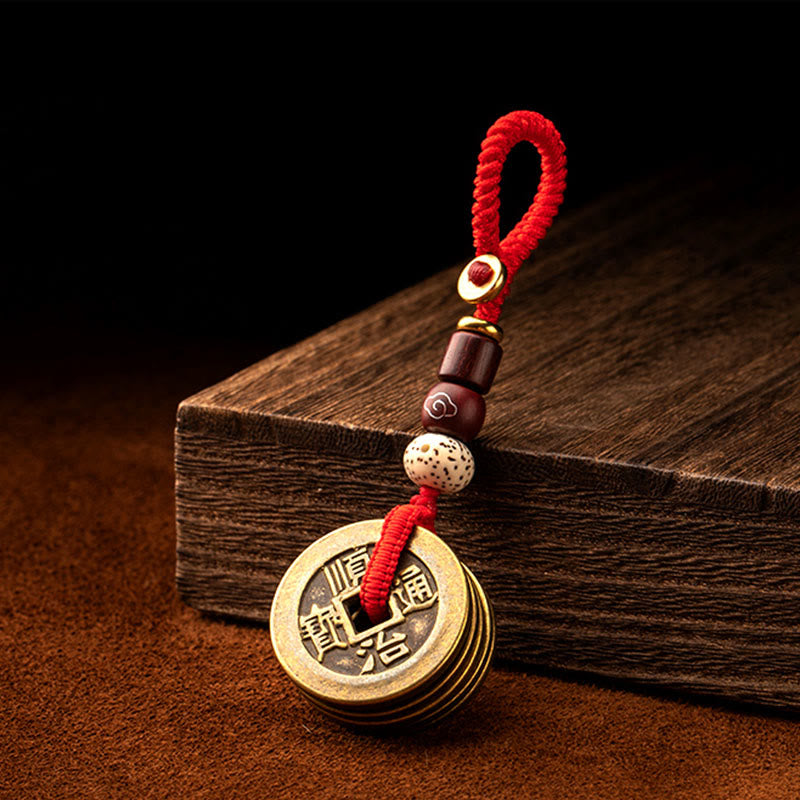 Feng Shui Five Emperor Coins Keychain for Wealth & Protection