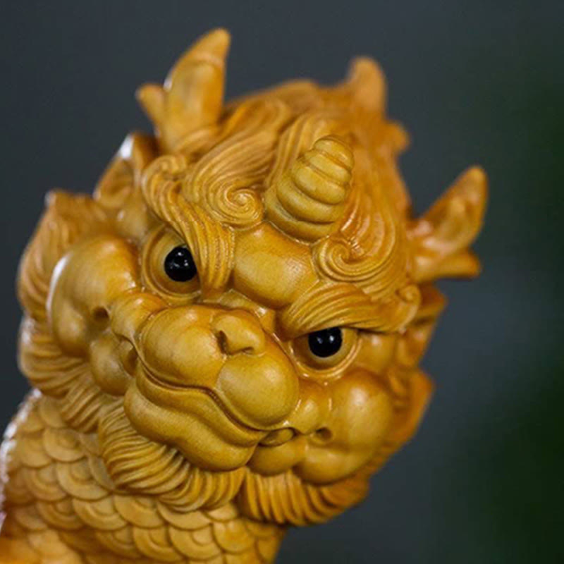 Feng Shui Kirin Boxwood Wood Engraving Spiritual Statue