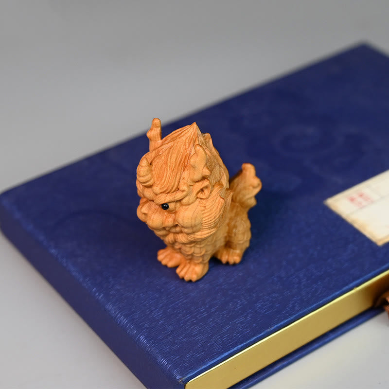 Feng Shui Kirin Boxwood Wood Engraving Spiritual Statue