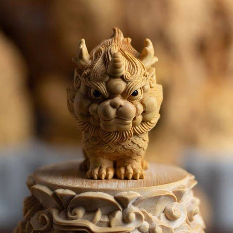 Feng Shui Kirin Boxwood Wood Engraving Spiritual Statue