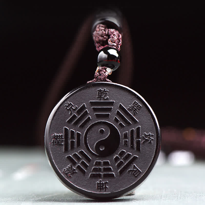 Black Obsidian Bagua Yin Yang Strength Pendant Necklace