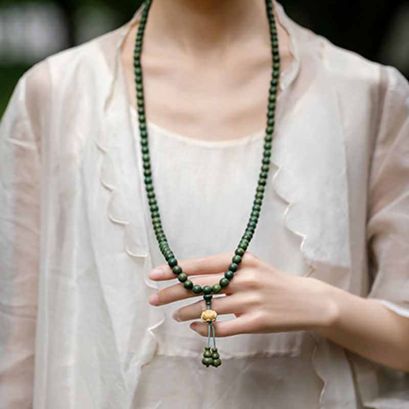 108 Wood Mala Beads Bracelet Green Sandalwood Lotus Beads