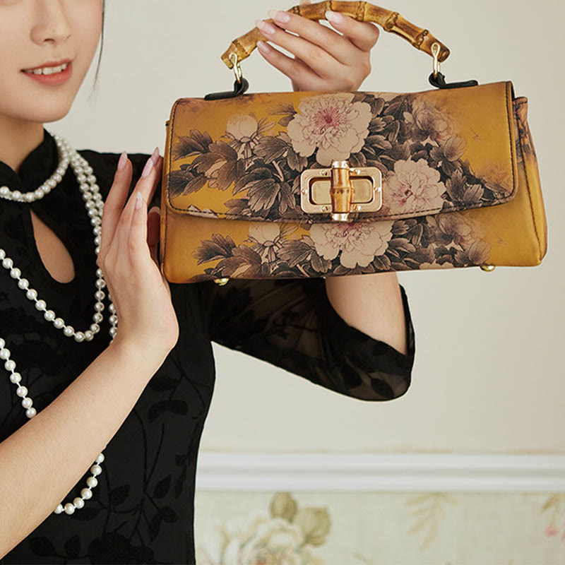 Flower Pattern Bamboo Handle Crossbody Bag 29cm