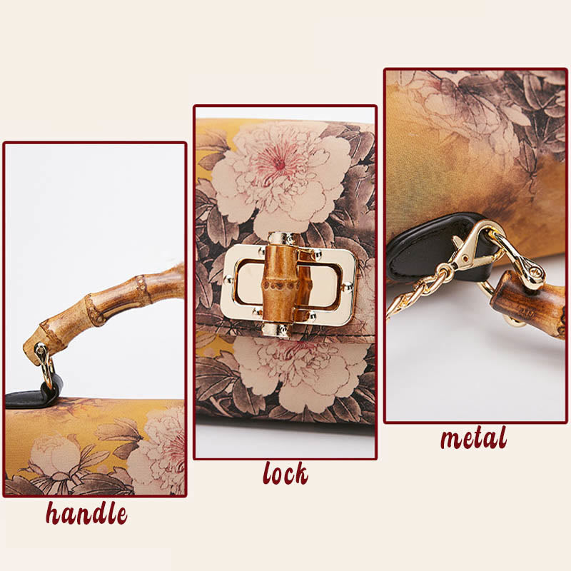 Flower Pattern Bamboo Handle Crossbody Bag 29cm