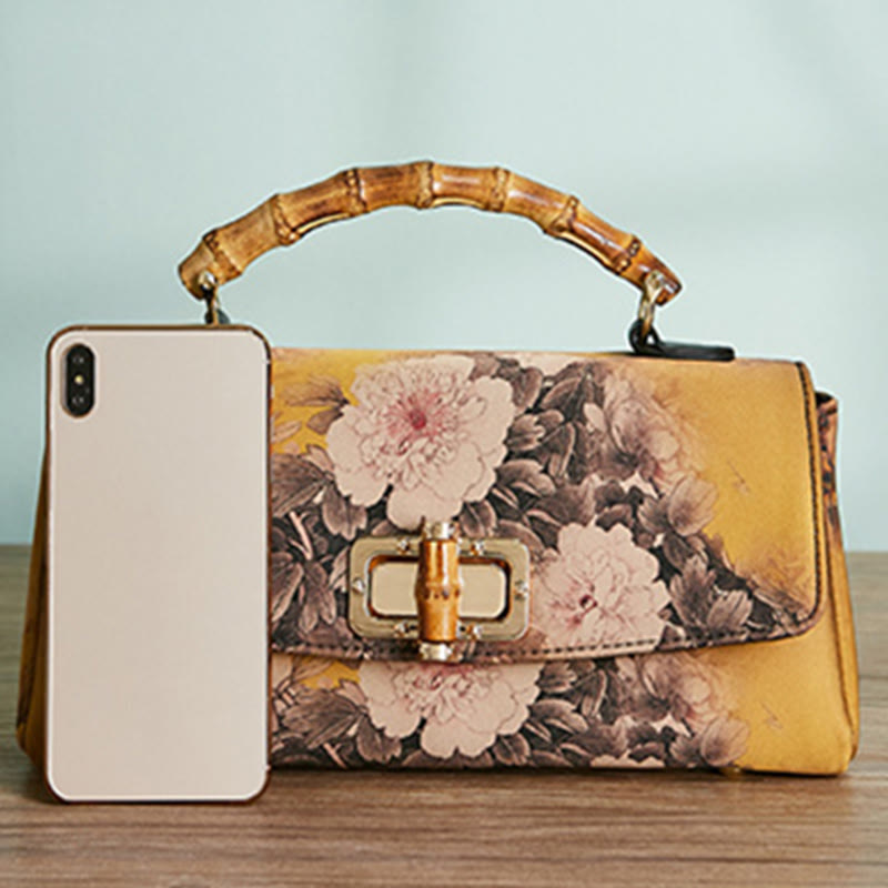 Flower Pattern Bamboo Handle Crossbody Bag 29cm