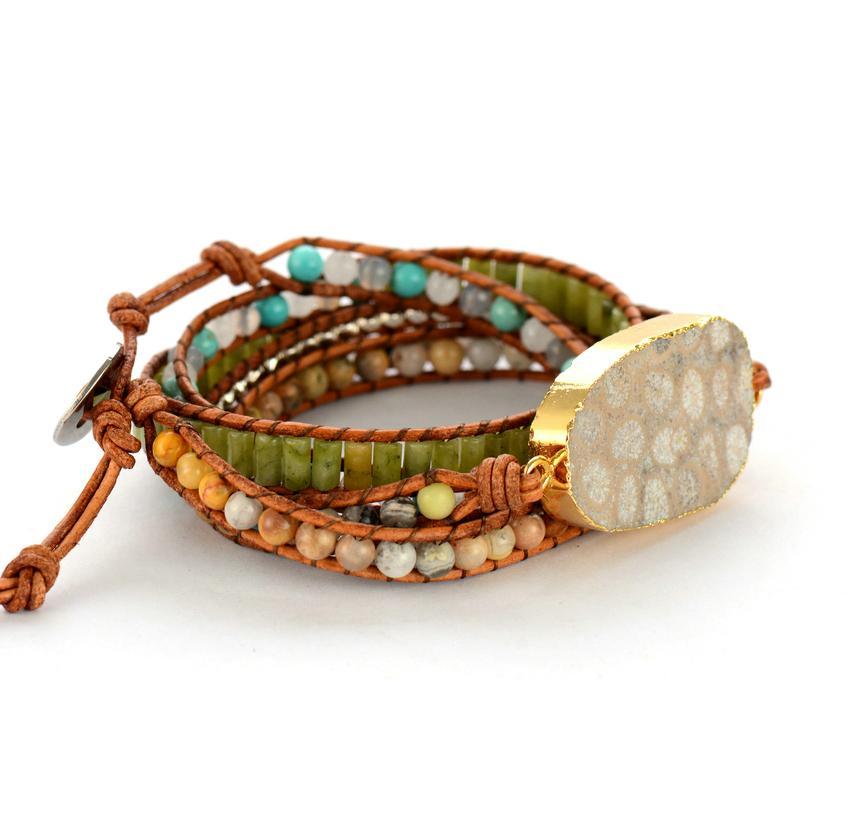 Fossil Coral Stone Multi Wrap Bracelet