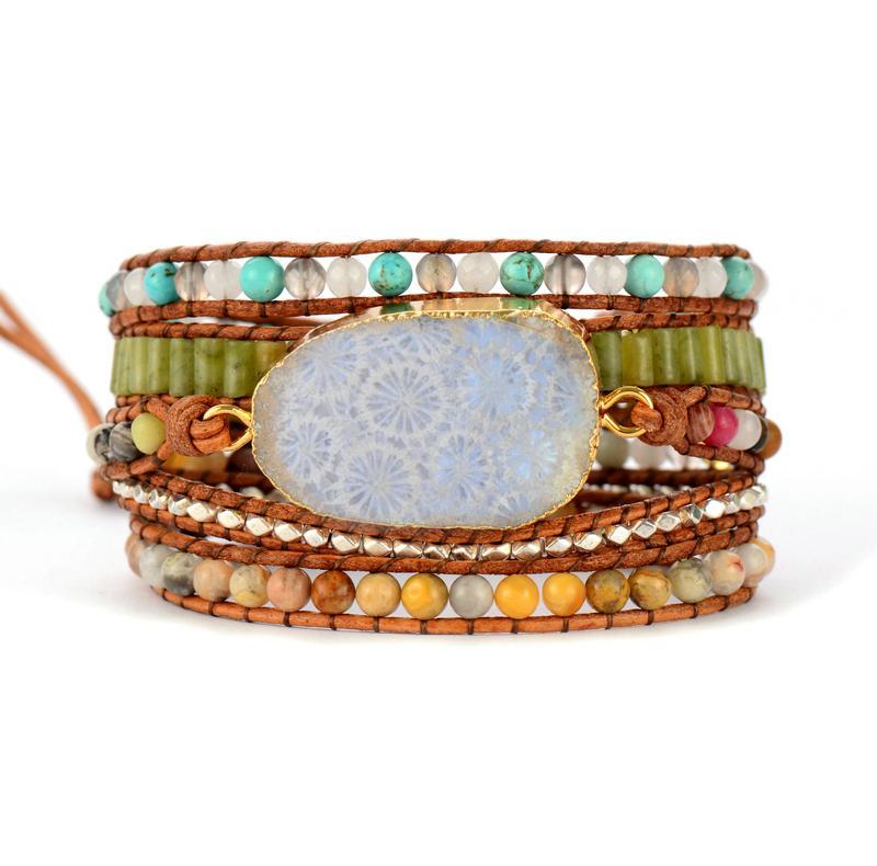 Fossil Coral Stone Multi Wrap Bracelet