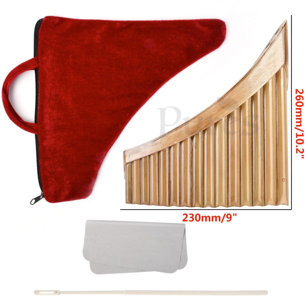 Red velvet carrying case with bamboo pan flute and cleaning accessories for G Key 15-Pipe