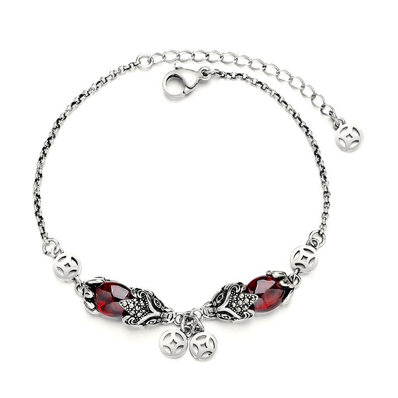 Garnet Protection Bracelet with Double PiXiu Copper Coin Chain