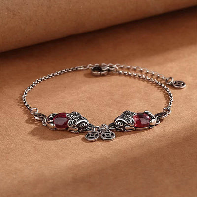 Garnet Protection Bracelet with Double PiXiu Copper Coin Chain