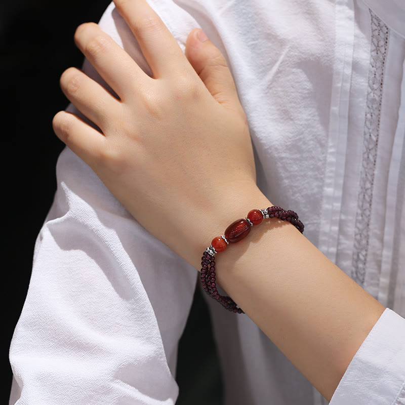 Garnet Red Agate Protection Triple Layer Bracelet