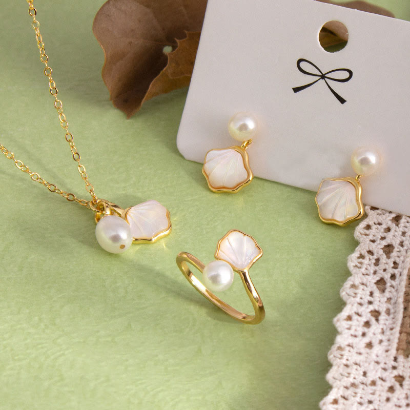 Ginkgo Tridacna Pearl Jewelry Set with Copper Ring Earrings Necklace