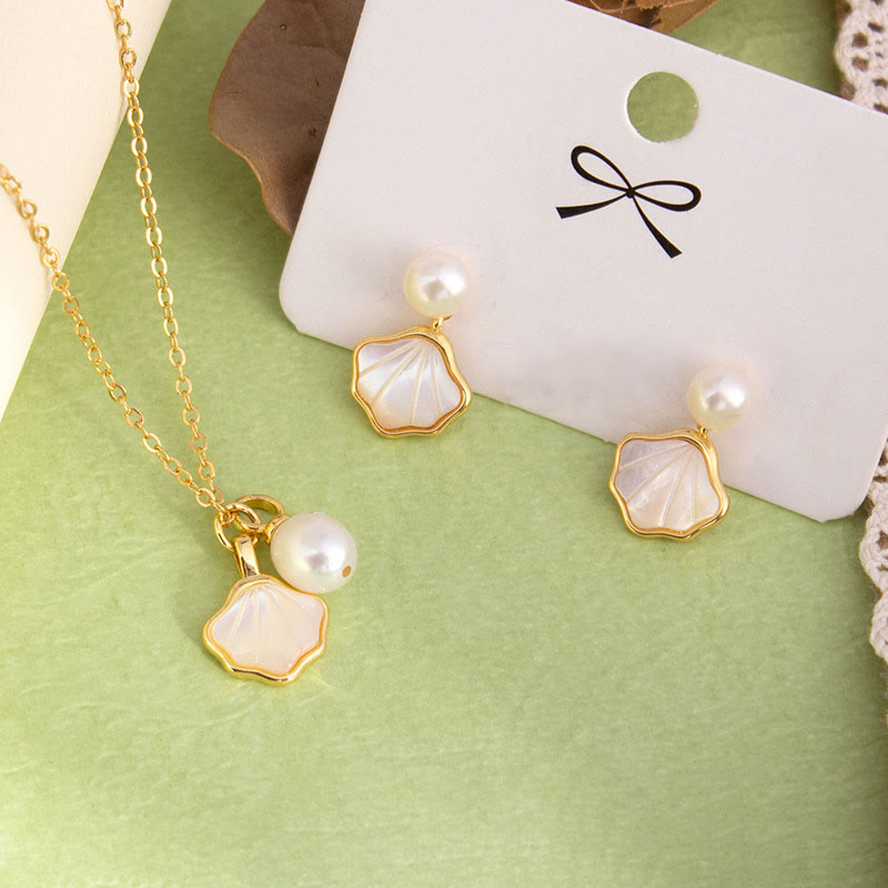 Ginkgo Tridacna Pearl Jewelry Set with Copper Ring Earrings Necklace