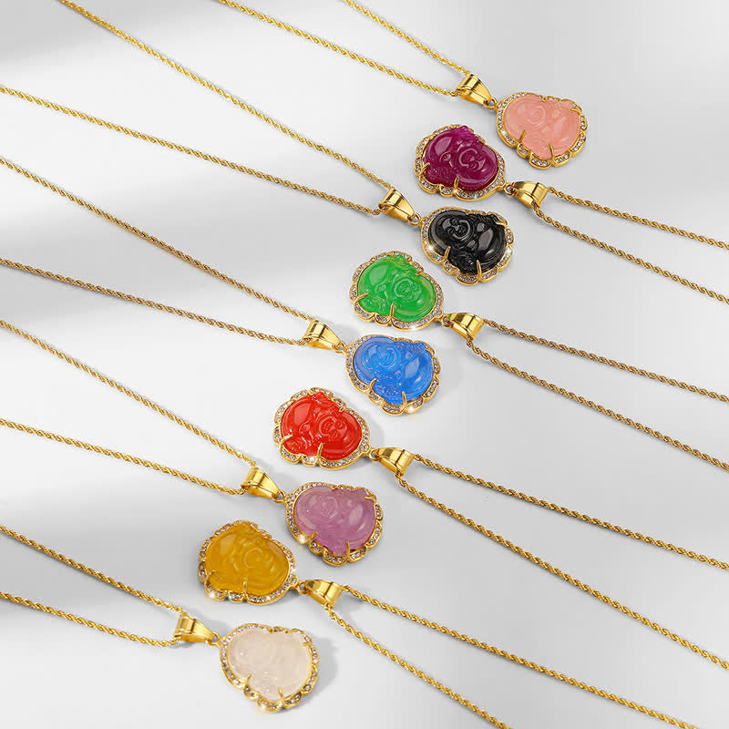 Gold Filled Laughing Buddha Jade Necklace Pendant for Luck