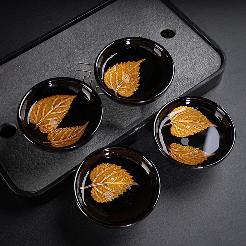 Gold Maple Leaf Jian Zhan Tenmoku Ceramic Teacup 120ml