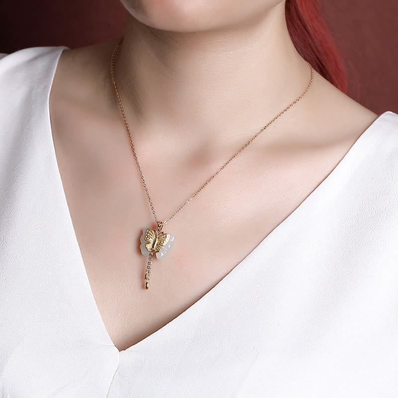 Gold Plated Hetian White Jade Butterfly Blessing Necklace Pendant