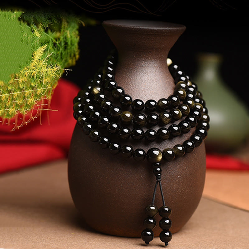 Gold Sheen Obsidian 108 Beads Wealth Mala Bracelet