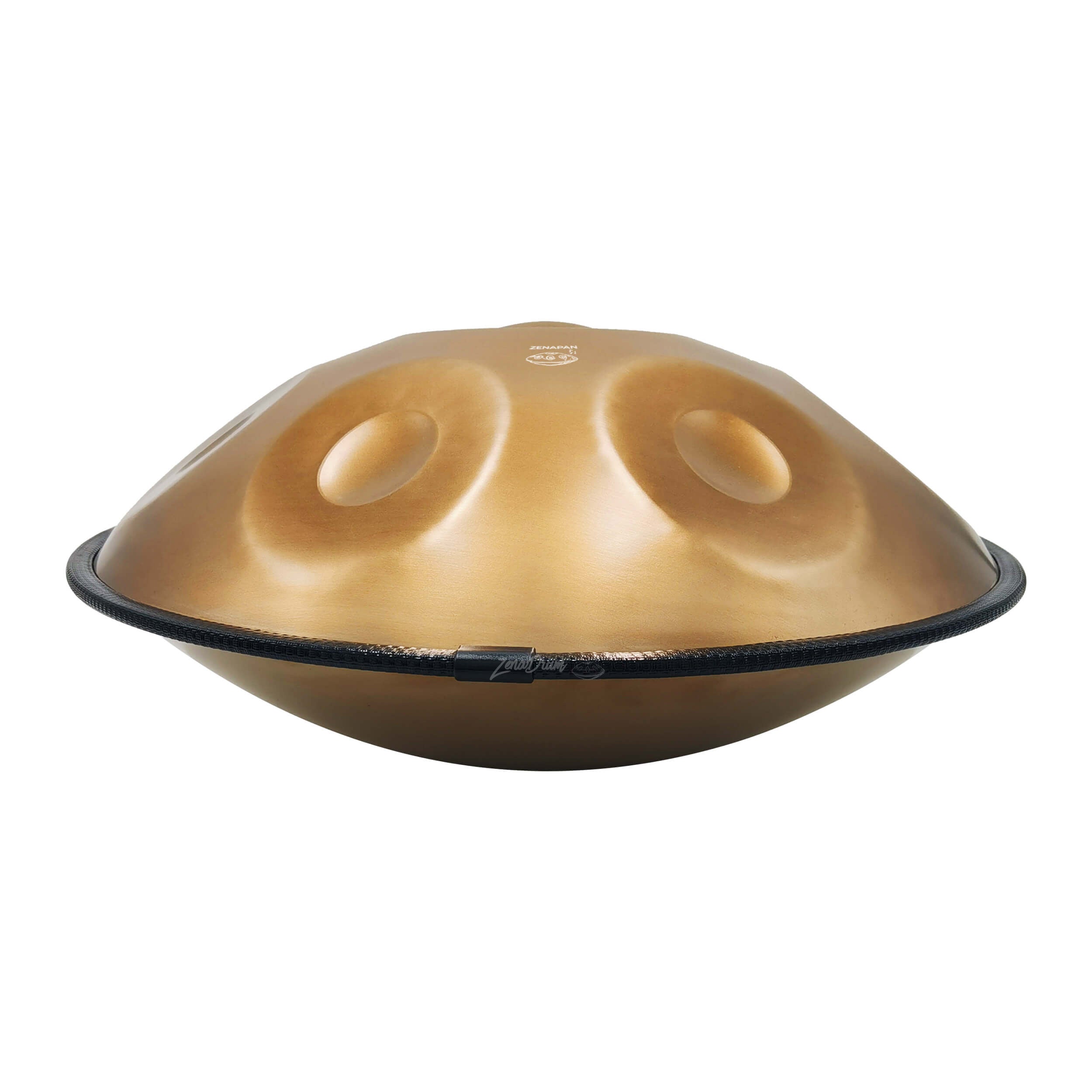 Golden D Minor Handpan Drum showcasing dimpled surface and black rim for sale