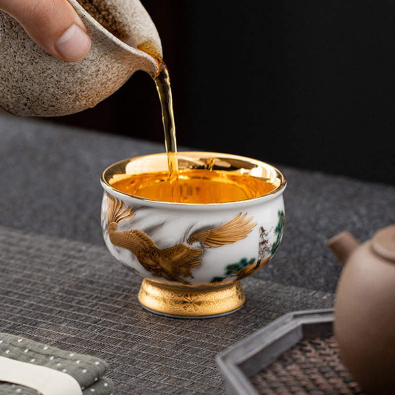 Golden Eagle & Auspicious Dragon Gilt Ceramic Tea Set with Gift Box