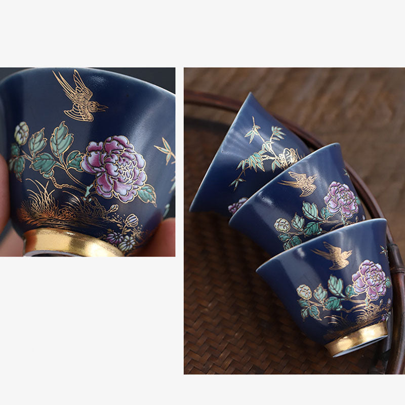 Golden Magpie & Peony Ceramic Teacup for Kung Fu Tea