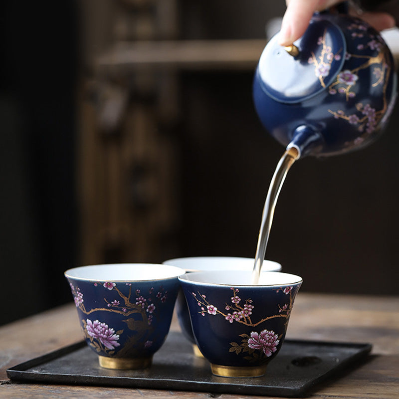 Golden Magpie & Peony Ceramic Teacup for Kung Fu Tea