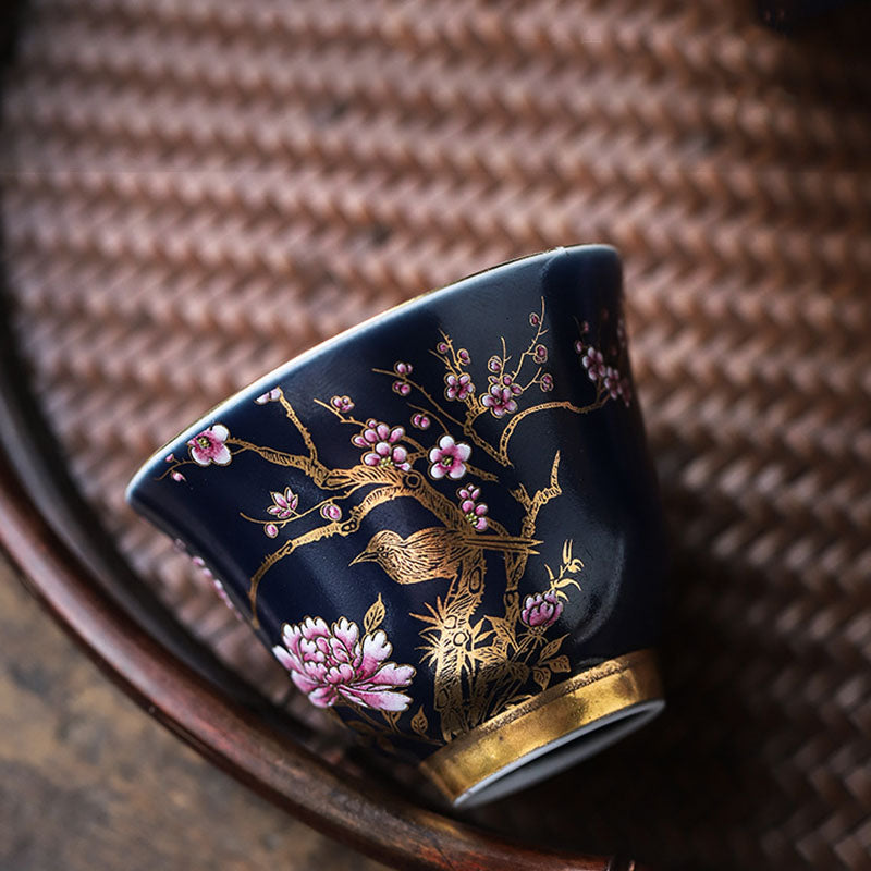 Golden Magpie & Peony Ceramic Teacup for Kung Fu Tea