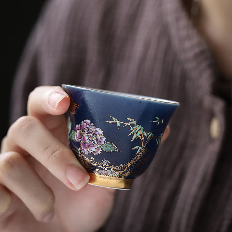 Golden Magpie & Peony Ceramic Teacup for Kung Fu Tea