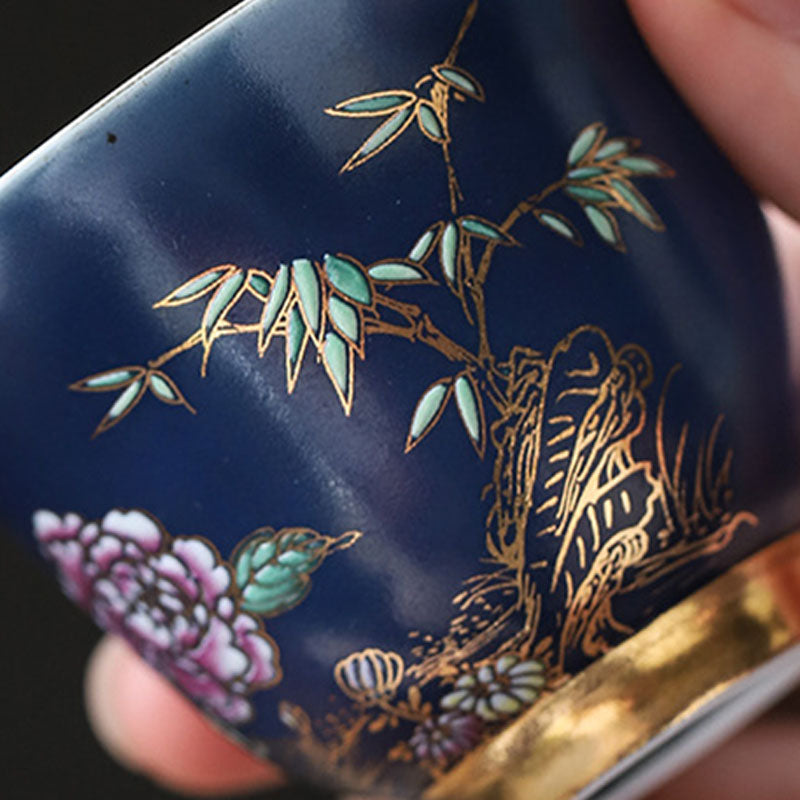 Golden Magpie & Peony Ceramic Teacup for Kung Fu Tea