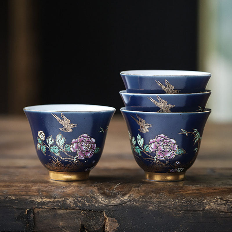 Golden Magpie & Peony Ceramic Teacup for Kung Fu Tea