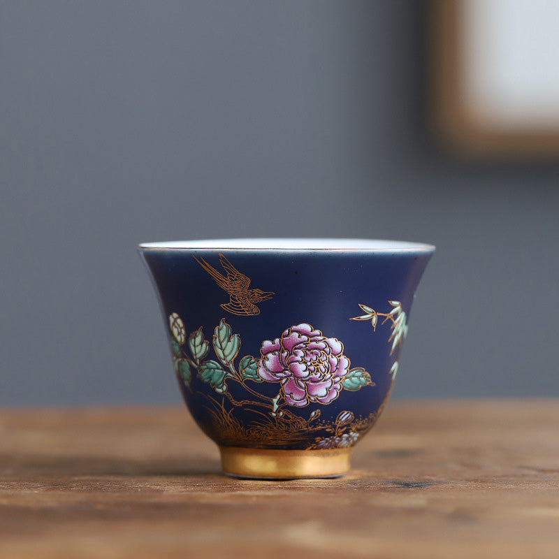 Golden Magpie & Peony Ceramic Teacup for Kung Fu Tea