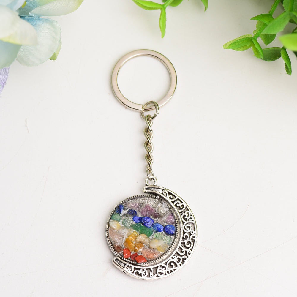 Golden and Silver Chakra Crescent Moon Keychain
