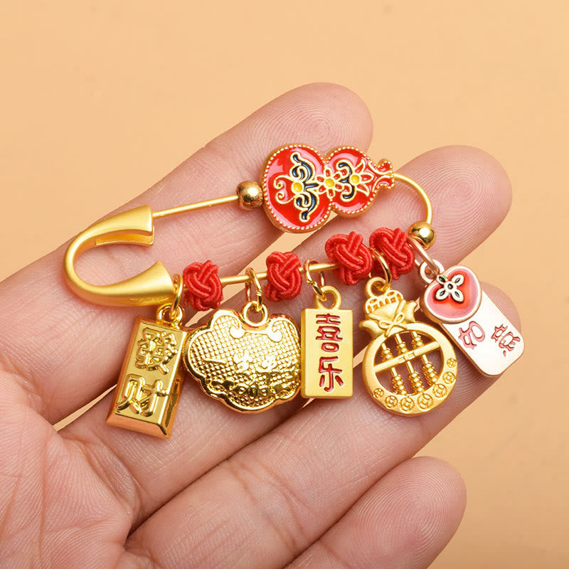 Gourd Dancing Lion Fu Character Safe & Well Blessing Brooch