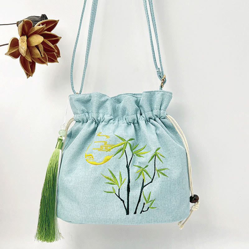 Green Bamboo Cotton Linen Crossbody Bag with Embroidery