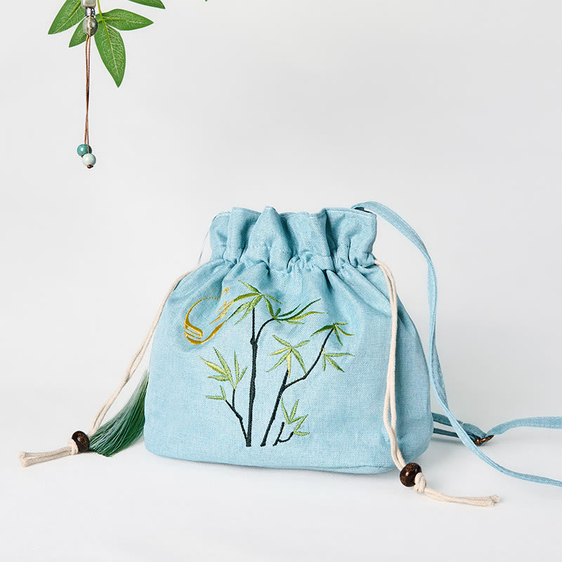 Green Bamboo Cotton Linen Crossbody Bag with Embroidery