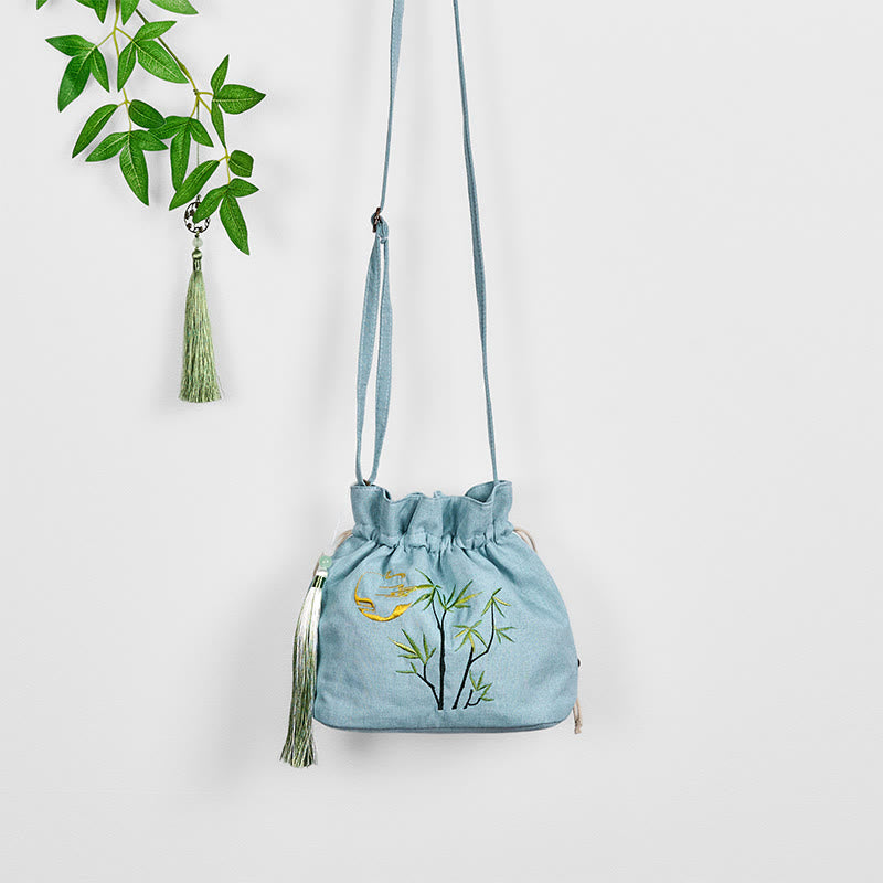 Green Bamboo Cotton Linen Crossbody Bag with Embroidery