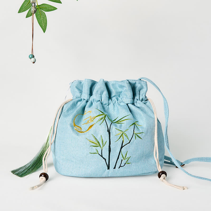 Green Bamboo Cotton Linen Crossbody Bag with Embroidery