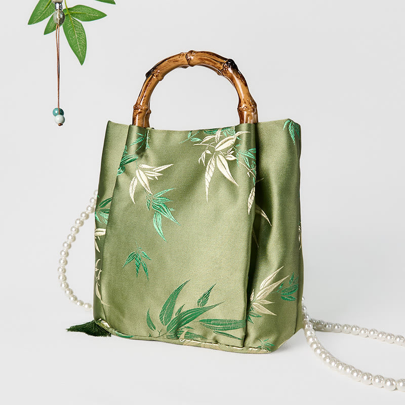 Green Bamboo Handle Pearl Crossbody Bag with Leaf Embroidery