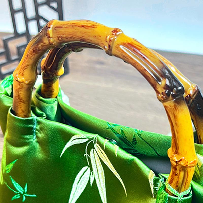 Green Bamboo Handle Pearl Crossbody Bag with Leaf Embroidery