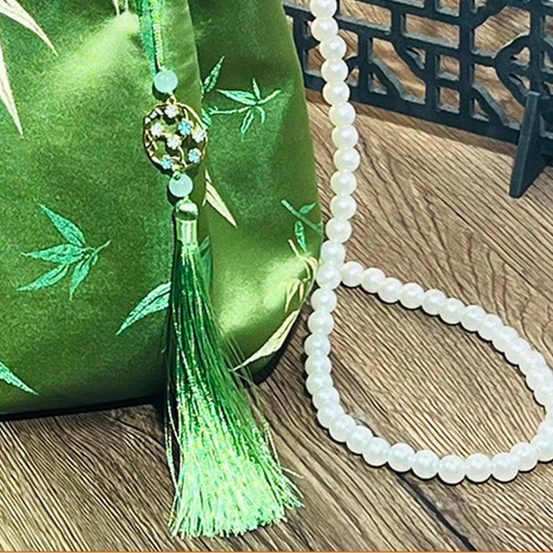 Green Bamboo Handle Pearl Crossbody Bag with Leaf Embroidery