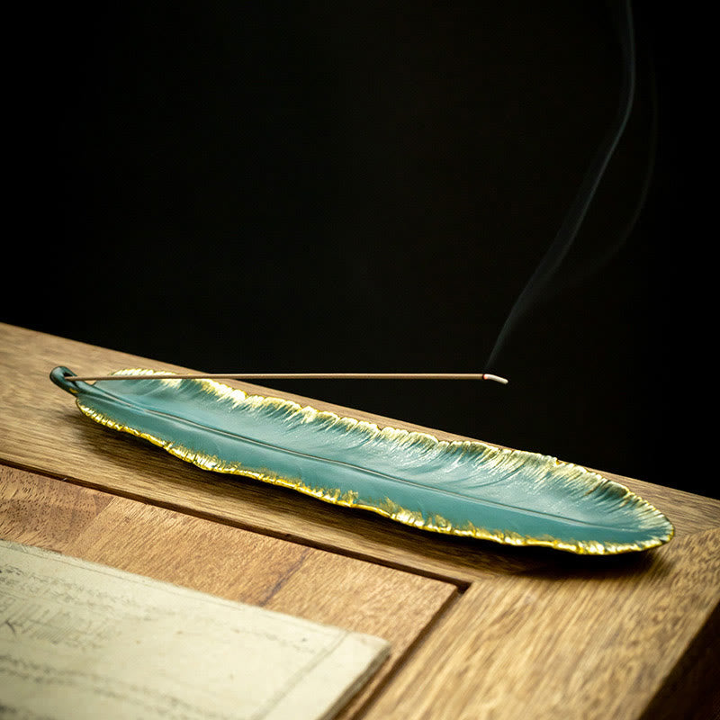 Green Feather Gold Edge Ceramic Incense Burner for Meditation