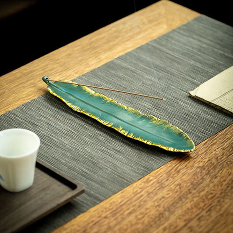Green Feather Gold Edge Ceramic Incense Burner for Meditation