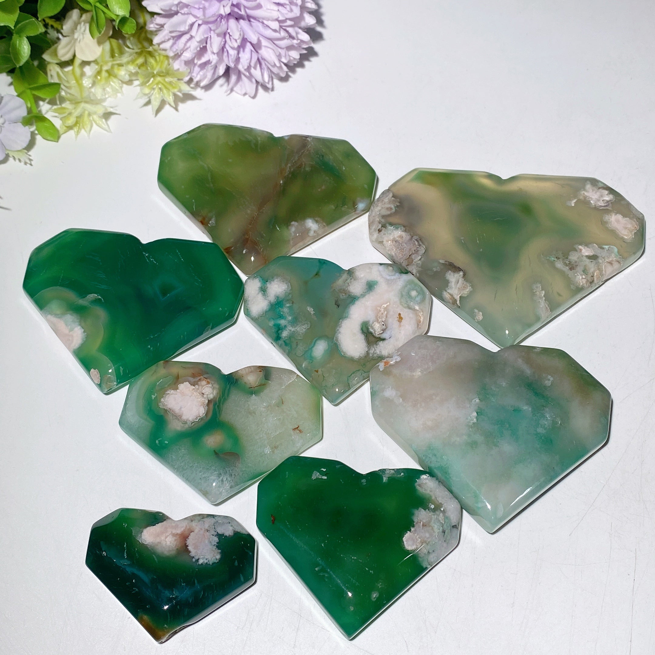 Green Flower Agate Heart Crystal Carvings 1.9-4.0 inch