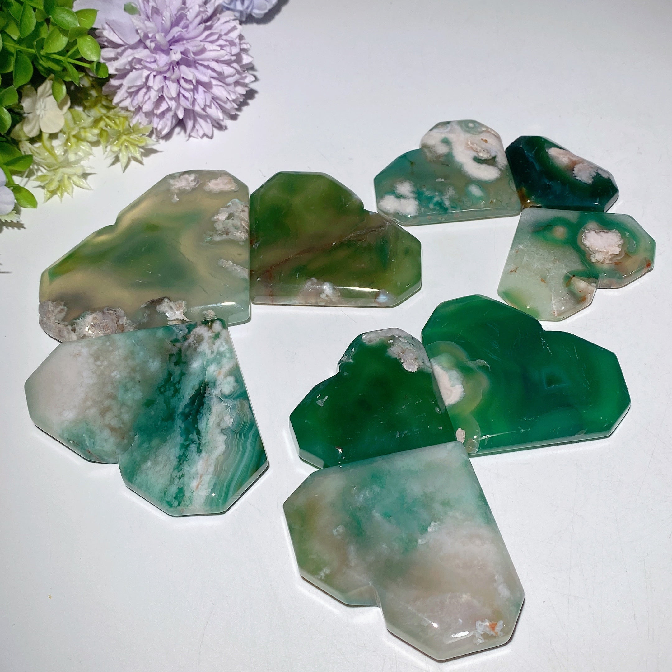 Green Flower Agate Heart Crystal Carvings 1.9-4.0 inch