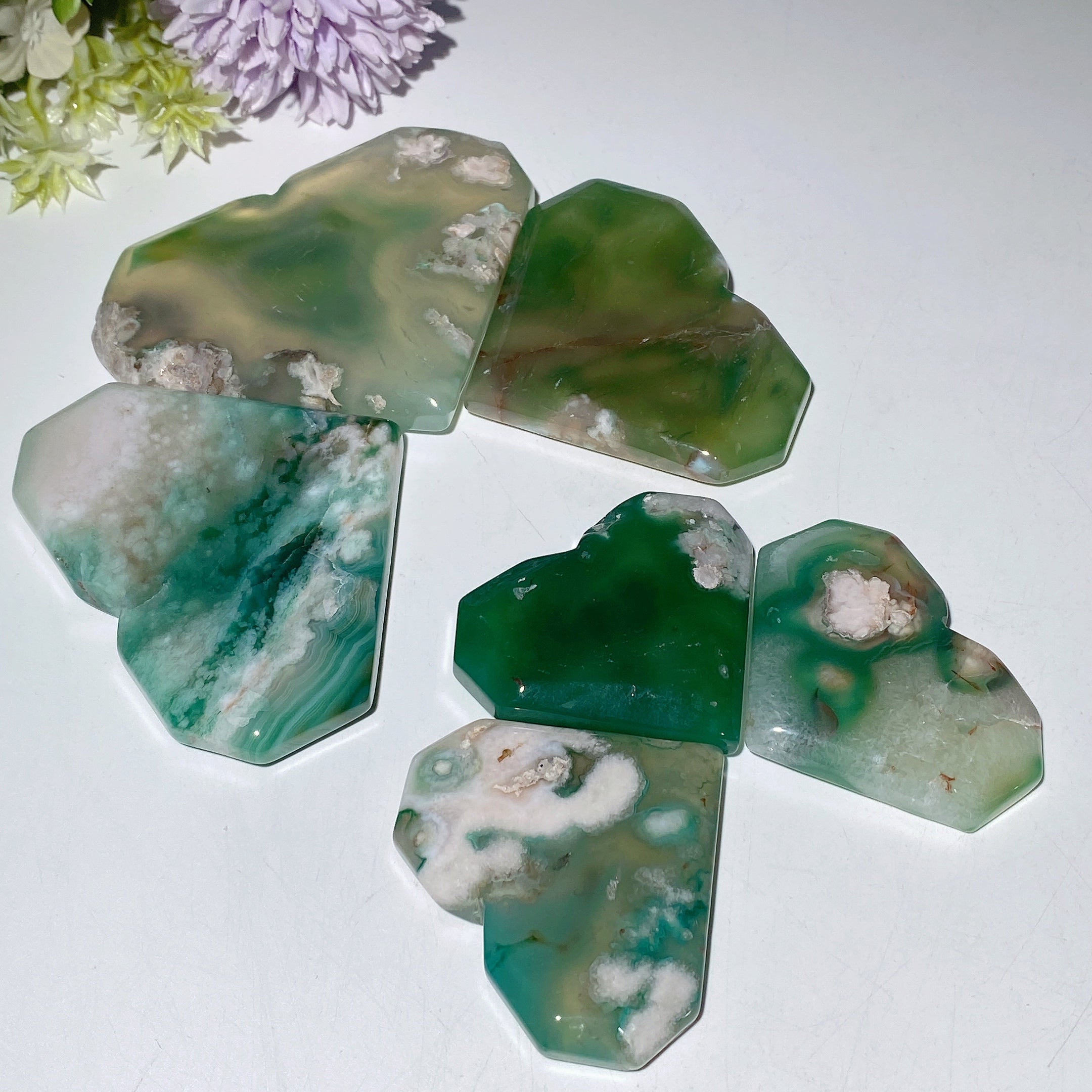 Green Flower Agate Heart Crystal Carvings 1.9-4.0 inch