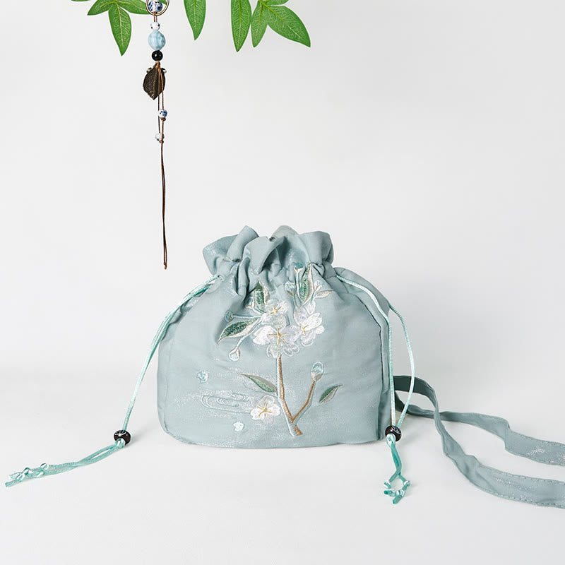 Green Flower Embroidered Canvas Tote Bag 20x20cm