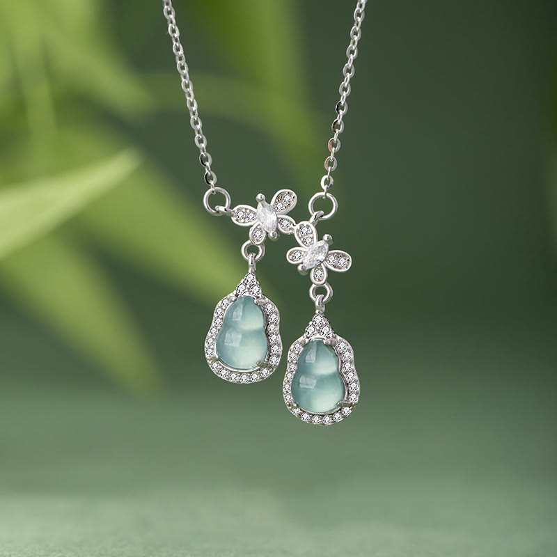 Green Jade Double Gourd Butterfly Luck Necklace
