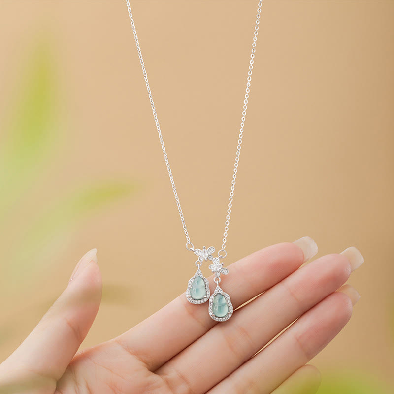 Green Jade Double Gourd Butterfly Luck Necklace