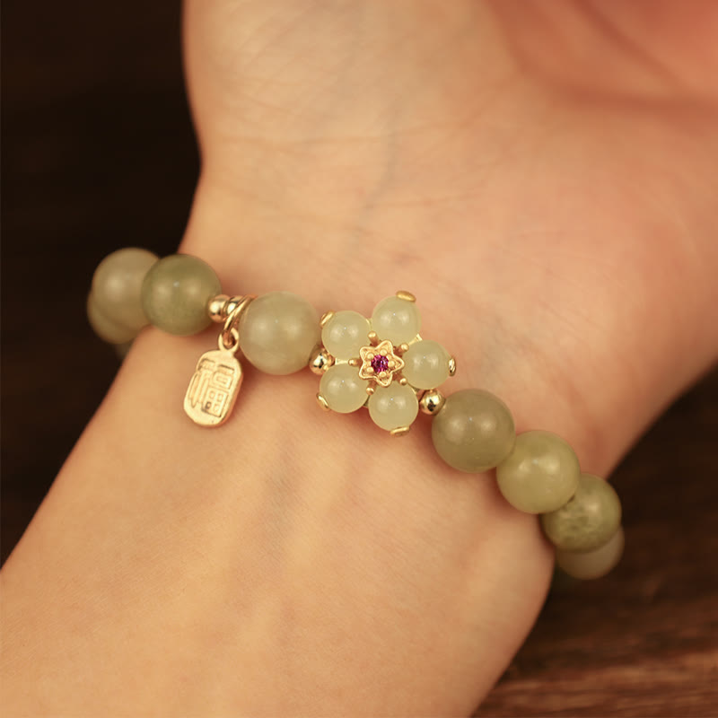 Green Jade Fu Character Luck Flower Bracelet 14-16cm