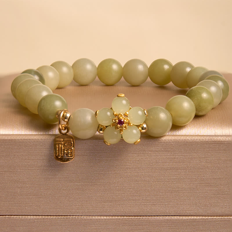 Green Jade Fu Character Luck Flower Bracelet 14-16cm