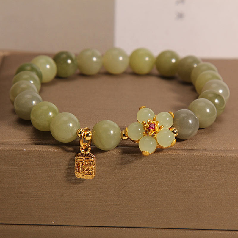 Green Jade Fu Character Luck Flower Bracelet 14-16cm